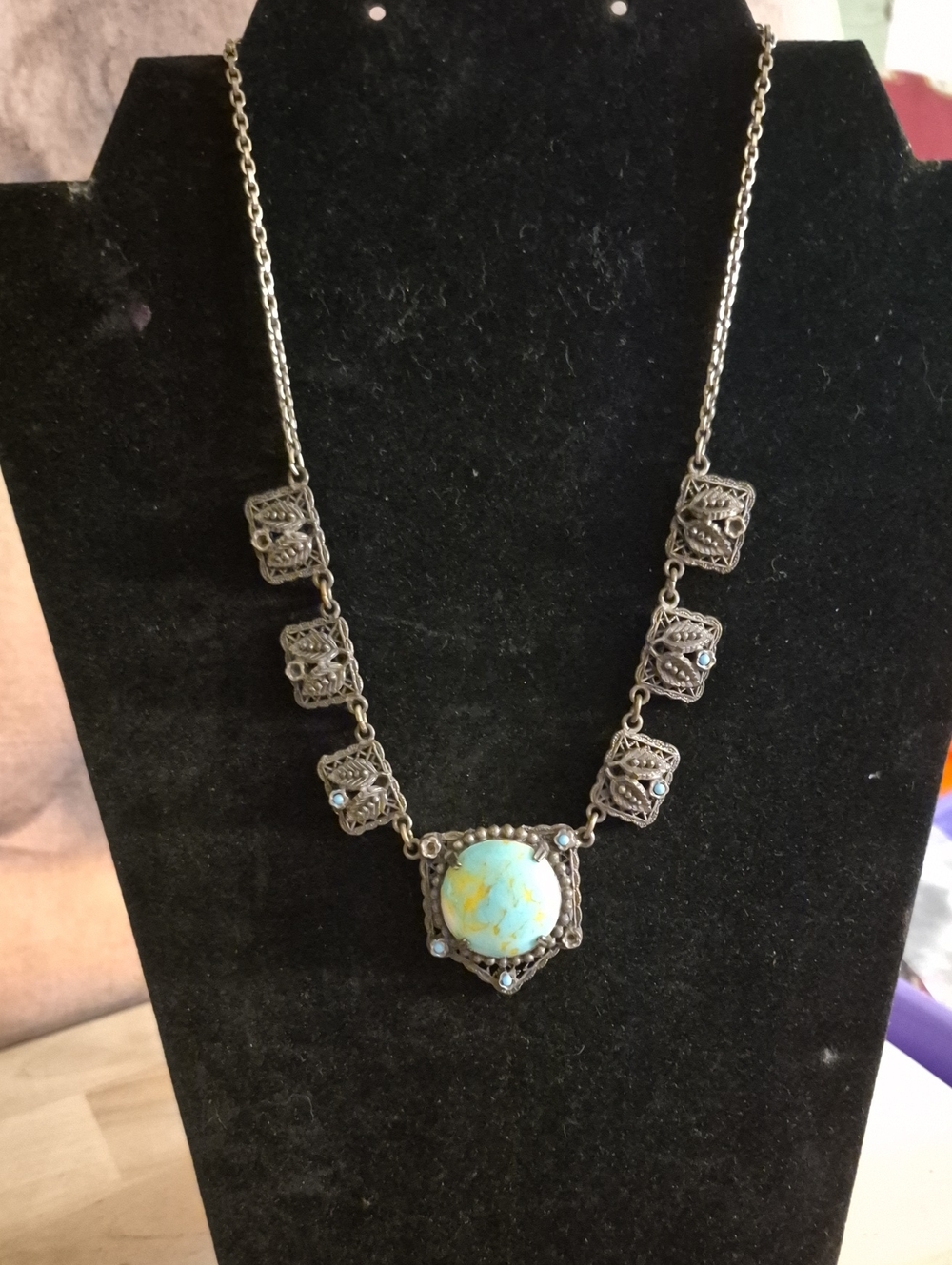 Vintage-1920 Czech Art Deco Turquoise Hubble Style Glass Pendant Necklace
